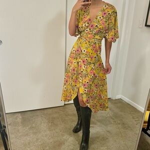 Golden Floral Wrap Dress